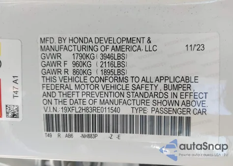 2024 Honda Civic Sport z USA, uszkodzony, nr VIN 19XFL2H83RE011540